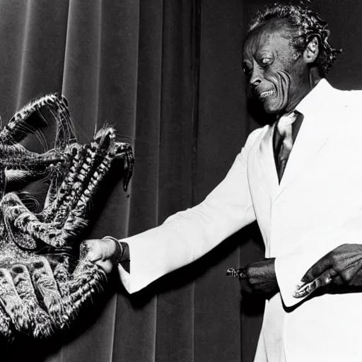 Image similar to miles davis shaking hands with a giant humanoid tarantula