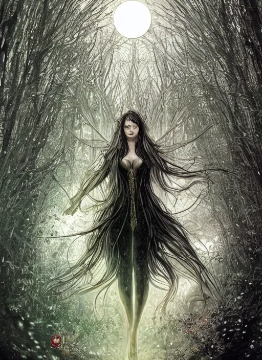 Image similar to glowing silver and golden elements, portrait, A beautiful dark witch in front of the full big moon, book cover, green forest, red white black colors, establishing shot, extremly high detail, foto realistic, cinematic lighting, pen and ink, intricate line drawings, by Yoshitaka Amano, Ruan Jia, Kentaro Miura, Artgerm, post processed, concept art, artstation, matte painting, style by eddie, raphael lacoste, alex ross