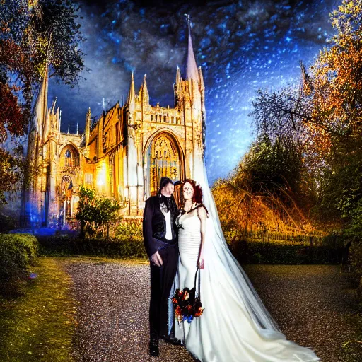 Image similar to a gothic wedding under a full blue moon, realistic, award - winning, 4 k, high resolution, hdr photograph