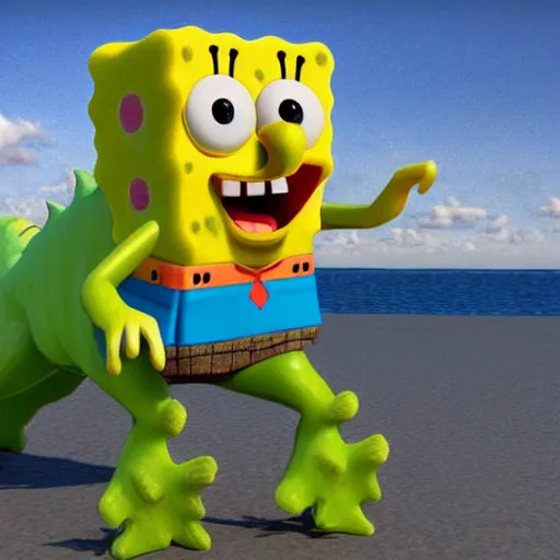 Image similar to spongebob squarepants riding a dinosaur, 3 d render, high quality, realistic, photorealistic