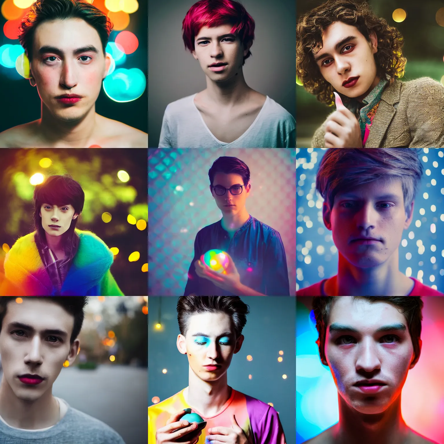 Prompt: beautiful closeup portrait photography of gender ambiguous person, colorful lighting, bokeh, apple ad