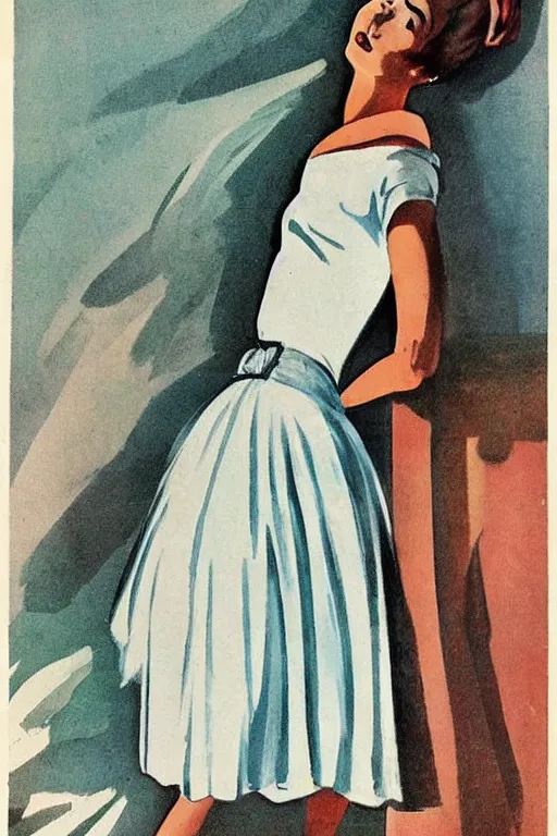 Prompt: beautiful slim and shapely young woman, elegant look, peasant dress, 1960\'s soviet propaganda art