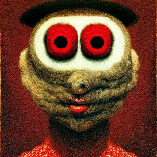 Image similar to portrait photo of a wool sock with giant eyes, face made from pixels and voxels, extremely high details, realistic, by Giuseppe Arcimboldo, Edward Hopper, Rene Margitte