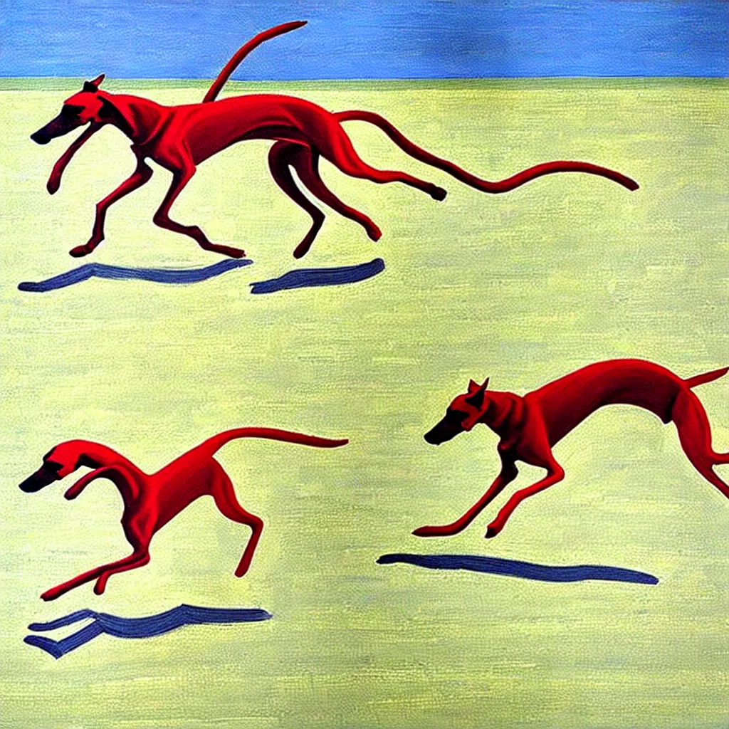 Image similar to close-up of a whippet running at beach, painting by david hockney, highly detailed