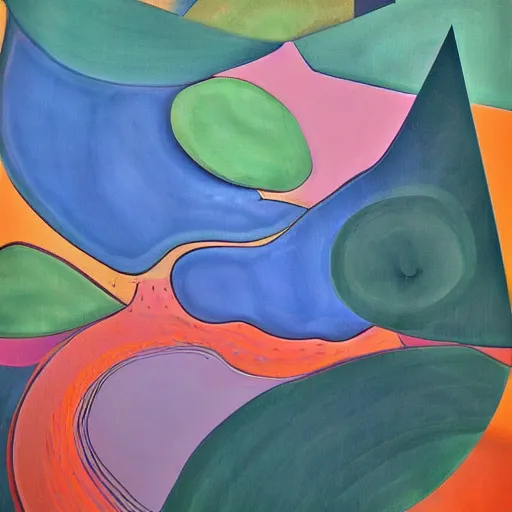 Image similar to she who watches the mountains, trees and flowing water of the river in the early morning, abstract art in the style of cubism,