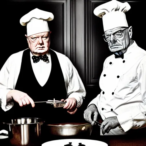 Prompt: Winston Churchill and Walter White cooking in a kitchen, realism, super details, ominous background, high detail, in the style of Martin Schoeller