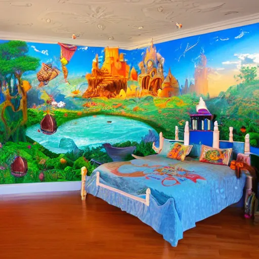 Prompt: a mural wall art design of a storybook fantasyland