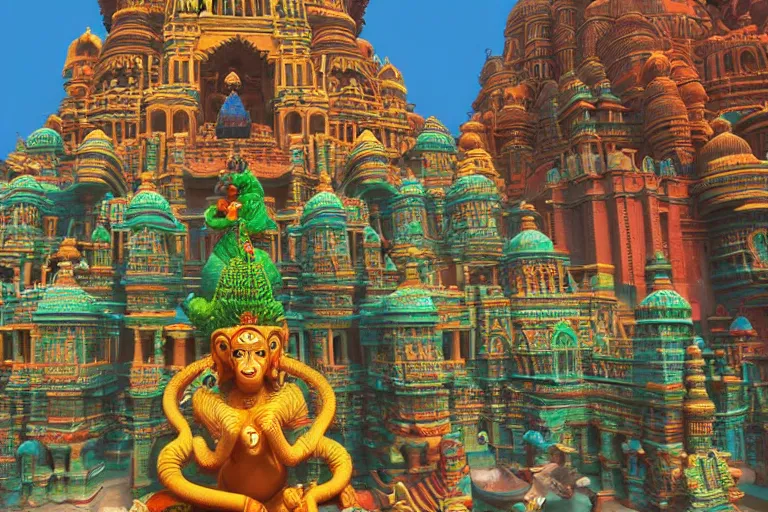 Image similar to high quality 3 d dreamscape! mumbai with biomorphic hanuman!! head building, kalighat highly detailed, unreal engine cinematic smooth, stephen shore & john j. park, soft morning light, wide shot, high angle, uhd 8 k, deep focus