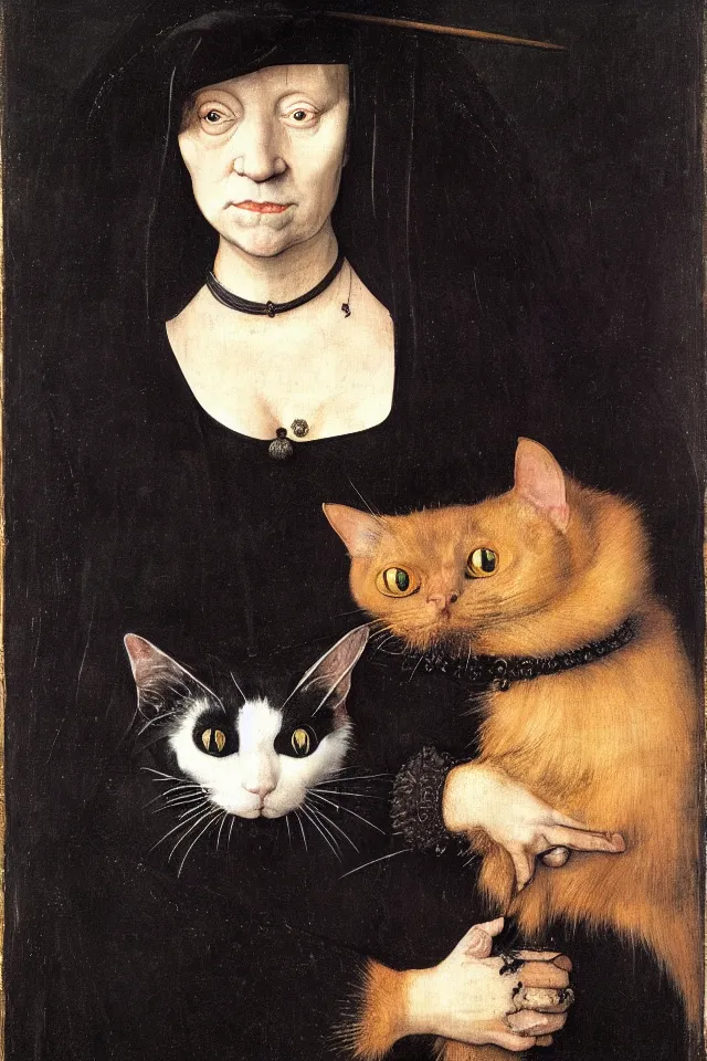 Prompt: painted portrait of a creepy witch with a fat black cat, 1 6 th century, hans holbein the younger, jan van eyck, gerit dou,