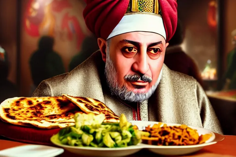 Image similar to Ottoman Sultan Mehmet IV eating shawarma in a restaurant, wearing big ovular turban and a luxurious Ottoman coat, green eyes, super realistic facial features, detailed face, Ottoman Sultanate, cheerful, expressive, photorealistic, hyperrealism, micro details, HDR Shot