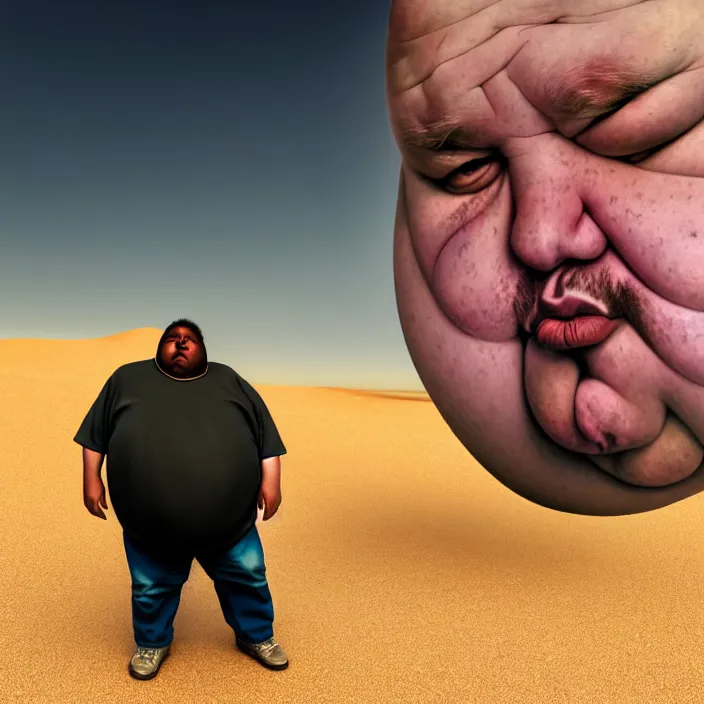 Image similar to hyperrealistic mixed media portrait of a moridly obese man using an ATM machine in the middle of a barren desert wasteland, despair, depressing and hopeless vibe, stunning 3d render inspired art by P. Craig Russell and Barry Windsor-Smith + perfect facial symmetry + dim volumetric lighting, 8k octane beautifully detailed render, post-processing, extremely hyperdetailed, epic composition, grim yet sparkling atmosphere, cinematic lighting + masterpiece, trending on artstation