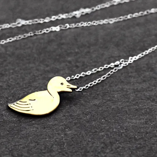 Prompt: a silver necklace on a golden duck