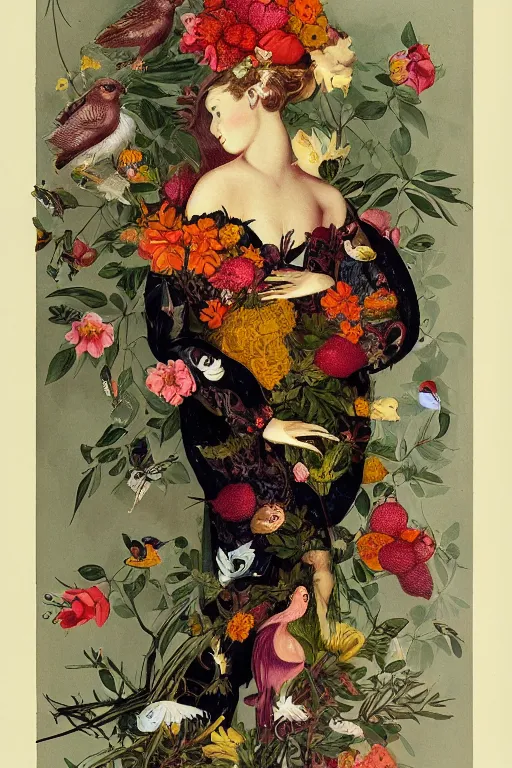 Image similar to beautiful girl Amalgamation with flowers, fruits, birds by Beto Val, John James Audubon, vintage illustration, bizarre compositions, Exquisite detail