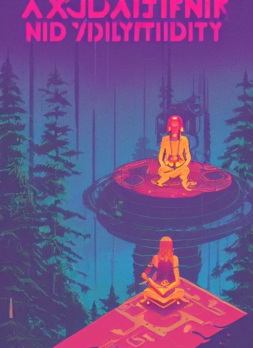 Prompt: an indie game poster of a translucent cyberpunk explorer meditating on an ancient platform in the middle of a dense forest, midnight, risograph by ghostshrimp, kawase hasui, josan gonzalez, jean giraud, moebius, colourful flat surreal design, in the style of oxenfree, super detailed, a lot of tiny details