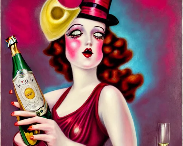 Image similar to a 1 9 2 0 s cancan dancer with a big bottle of champagne in art deco style, nicoletta ceccoli, mark ryden, lostfish, max fleischer, hyper realistic, artstation, illustration, digital paint, matte paint, vivid colors, bright, cheerful, detailed and intricate environment