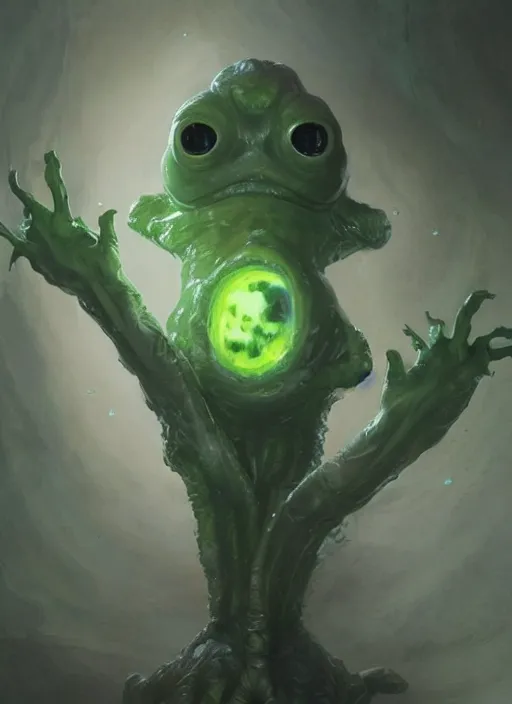 Image similar to portrait of cute innocent green noise an amorphous blob, slimy alien creature with adorable uwu eyes, it has several human arms out stretched to grab me. painted by greg rutkowski, wlop,,