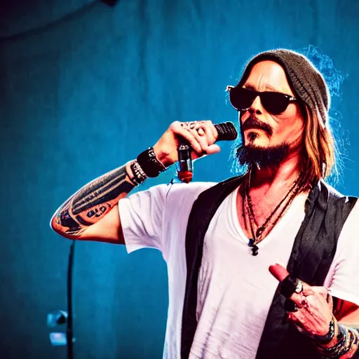 Prompt: 3 9 - year - old french bearded yoga punk singer wearing wraparound sunglasses. he also works as a commercial model and actor. looks like johnny depp and brad pitt. singing on a smoky stage in wheaton, illinois. vaporwave.