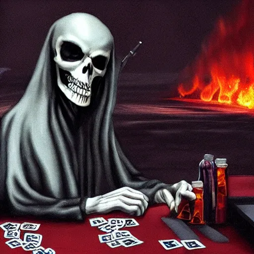 Image similar to a grim reaper playing poker in hell, 8 k, realistic