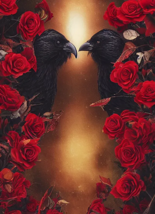 Image similar to red and golden color details, portrait, A healthy and proud crow with red eyes in front of the full big moon, book cover, red roses, red white black colors, establishing shot, extremly high detail, foto realistic, cinematic lighting, by Yoshitaka Amano, Ruan Jia, Kentaro Miura, Artgerm, post processed, concept art, artstation, raphael lacoste, alex ross, portrait, A crow with red eyes in front of the full big moon, book cover, red roses, red white black colors, establishing shot, extremly high detail, photo-realistic, cinematic lighting, by Yoshitaka Amano, Ruan Jia, Kentaro Miura, Artgerm, post processed, concept art, artstation, raphael lacoste, alex ross