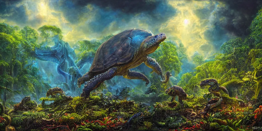 Prompt: fantasy oil painting, great leviathan, turtle cephalopod terrapin reptilian pachyderm amphibian hybrid, rainforest mountains, lush plants flowers, epic natural light, bright clouds, luminous sky, alien spacecraft, outer worlds, bright cinematic key lighting, michael cheval, michael whelan, vray, 8 k hd