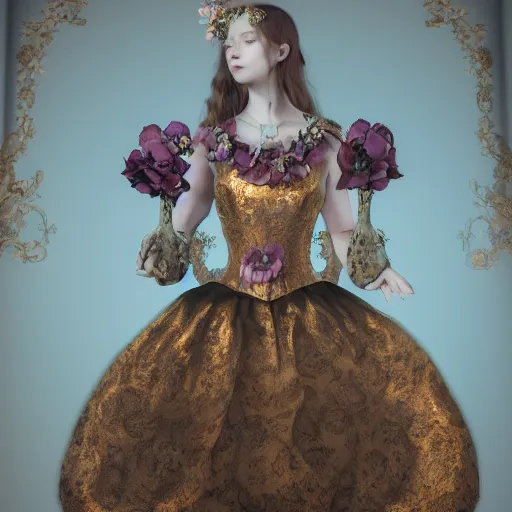 Image similar to 8k, octane render, realism, tonalism, renaissance, rococo, baroque, portrait of a young lady wearing long harajuku manga dress with flowers and skulls, background chaotic gold leaf flowers