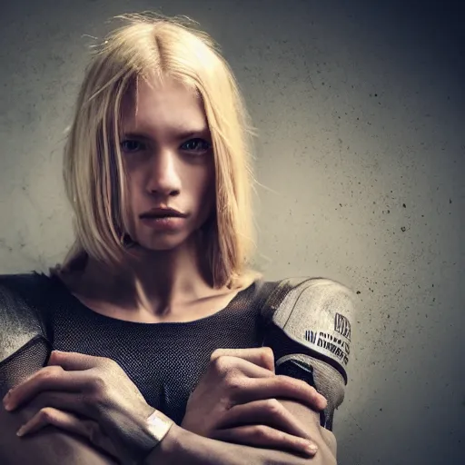 Image similar to a beautiful blond girl with human face and cyborg body standing on top of a pile of sculls, pretty face, perfect face, fine details, 8 k, shallow depth of field, moody lighting, cinematic lighting,