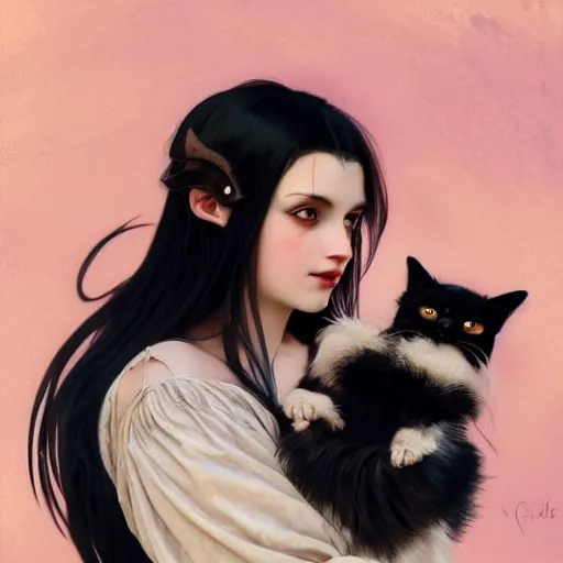 Image similar to cute goth girl with long dark hair parted sideways thick eyebrows and dark eyes, she is holding a cat in her arms, by juan villafuerte, greg rutkowski and alphonse mucha, pexels contest winner, high quality photo, rtx, hd