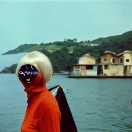 Image similar to 1976 middle aged woman wearing a transluscent inflatable toy head in a small fishing village 1976 French film archival footage technicolor film expired film 16mm Fellini new wave John Waters movie still