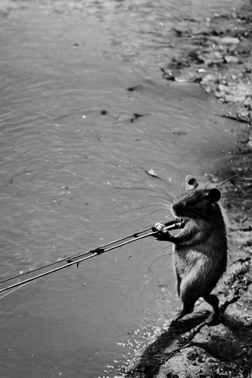 Image similar to 35mm photo of a rat holding a fishing pole at a riverbank, rat, fishing pole, water, well lit