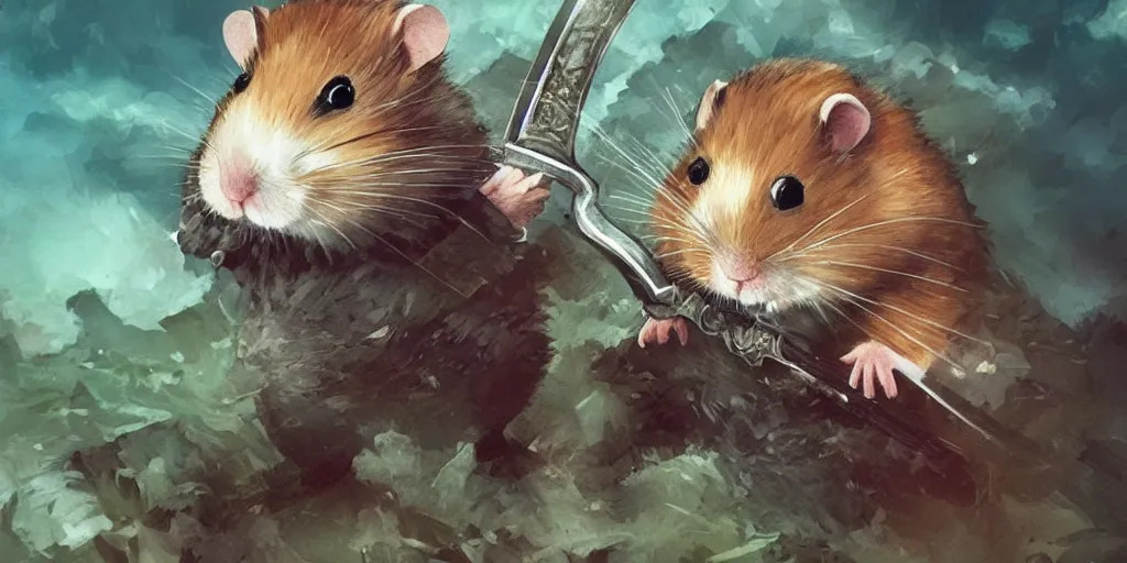 Image similar to a hamster posing with a sword in the style of Berserk manga