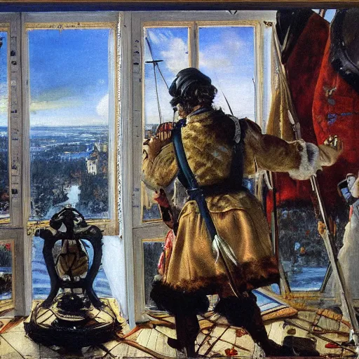 Image similar to Peter The Great reinstalls windows 95 by vasnetsov and surikov serov, JEAN-VICTOR BERTIN, by Terence Cuneo, detailed, artfully traced, 4k resolution, cinematic, dramatic