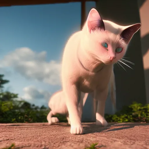 Image similar to siamese cat cow hybrid, fineline detail, cinematic quality, high octane splash art, movie still, cinematic lighting, ray tracing, detailed face, octane render, long lens, shallow depth of field, bokeh, anamorphic lens flare, 8 k, hyper detailed, 3 5 mm film grain