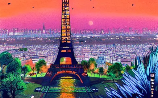 Prompt: paris skyline with the eiffel tower visible, art by hayao miyazaki, studio ghibli film