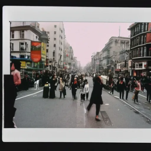 Prompt: wide - shot very low - angle, messy photo of people in the busy street, crossing road, polaroid photo, by andy warhol