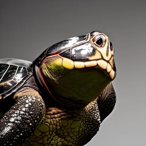 Image similar to a antropomorphic turtle making voice over in professional studio. Studio lighting f 1.2