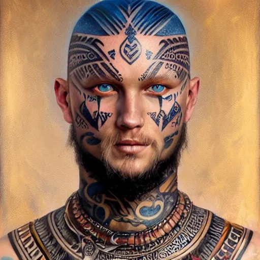 Image similar to ultra realistic portrait painting of a ragnar from the vikings with blue eyes and tribal tattoo, painted by Tristan Eaton Stanley Artgerm and Tom Bagshaw