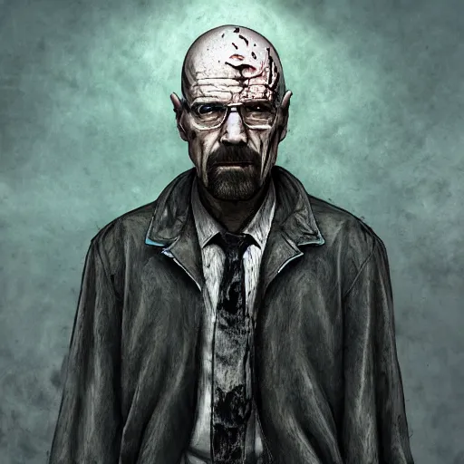 Image similar to Walter White, undead, zombie, full body shot, fantasy, medieval, vivid colors, elegant, concept art, sharp focus, digital art, Hyper-realistic, 4K, Unreal Engine, Highly Detailed, HD, Dramatic Lighting by Brom, trending on Artstation