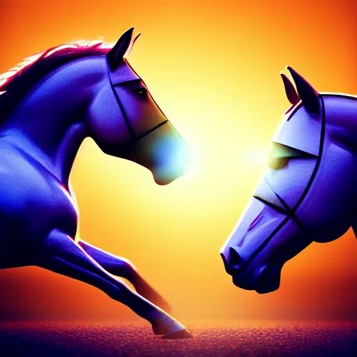 Image similar to two chess horses staring at each other ultra realistic, lens flare, atmosphere, glow, detailed, intricate, full of colour, cinematic lighting, trending on artstation, 4 k, hyperrealistic, focused, extreme details, unreal engine 5, cinematic, masterpiece, ultra realistic, hyper realistic, highly detailed, sharp focus, digital art