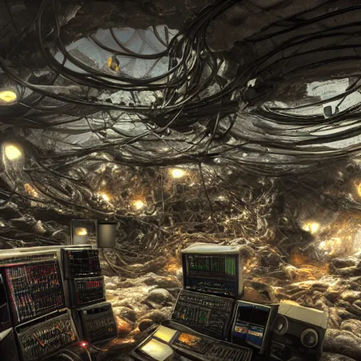 Image similar to a cave with many computers and piles of modular synth cables, by cameron gray, wlop, stanley kubrick, masamune, hideki anno, unique perspective, trending on artstation, 3 d render, smooth render