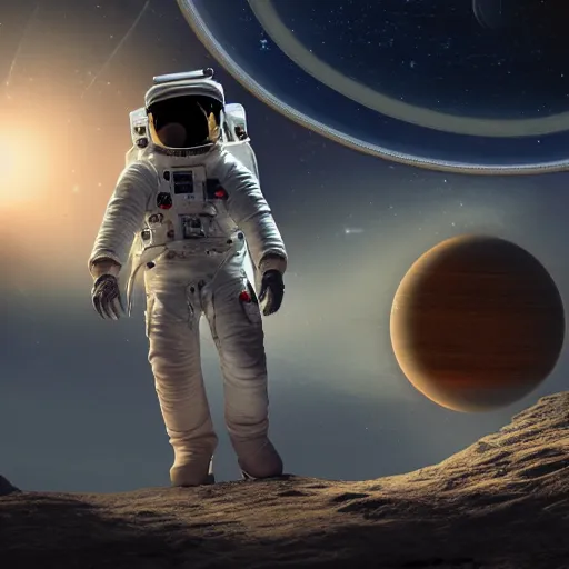 Prompt: giant astronaut as big as the sun, standing in the solar system, oil on canvas, intricate, 8k highly professionally detailed, HDR, CGsociety