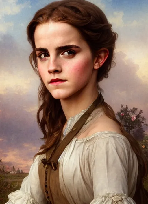 Prompt: full length portrait emma watson as 17th century country girl, shining, 8k highly detailed, sharp focus, illustration, art by artgerm, mucha, bouguereau