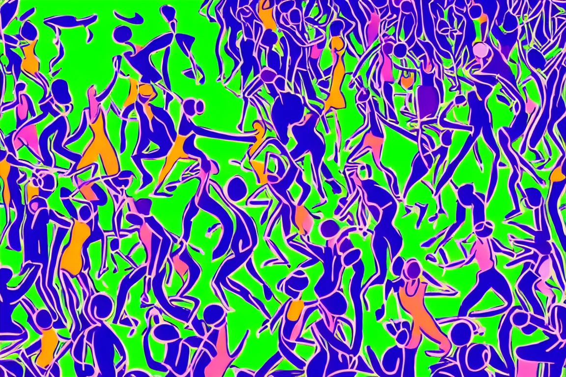 Prompt: henri matisse. very detailed close up of sketched humans underground raving standing in circle in a club. a chaotic scenery. palm trees and dj equipment, music, a bar with drinks. slight, fine contours of faces, arms, bodes. disco ball overhead. the floor is green. dark blue background. jumping. minimalistic color palette. fine brush strokes. horizon