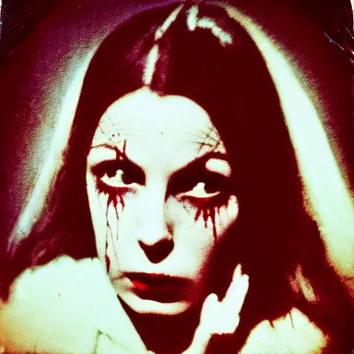 Prompt: a dark film still of lady with demonic possession, big budget horror, a polaroid photo, bleeding decaying colors!