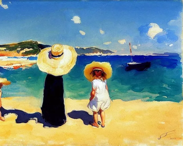 Image similar to a couple and a girl toddler on a beach in sardinia looking at a sailing boat, the man is wearing a panama hat, the woman has long dark hair, white sand, blue sky, summer, white and blue, painting by joaquin sorolla