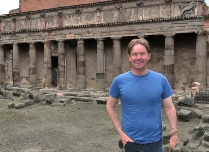 Image similar to a screencap of Tom Scott standing in Pompeii during the eruption