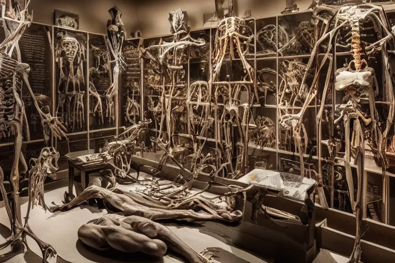 Prompt: inside a museum, a room where anatomical body parts are piece of arts by Rob Bottin at night, filth and grim, very detailed, ultra realistic photography, grainy image