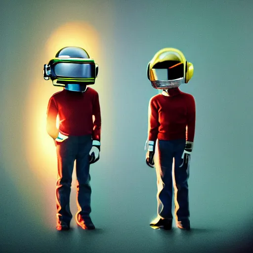 Image similar to miniature daft punk kids standing back to back, twilight zone background, illustration, artgerm, octane render, inspired by Greg rutkowski, colorful, studio lighting, full body,