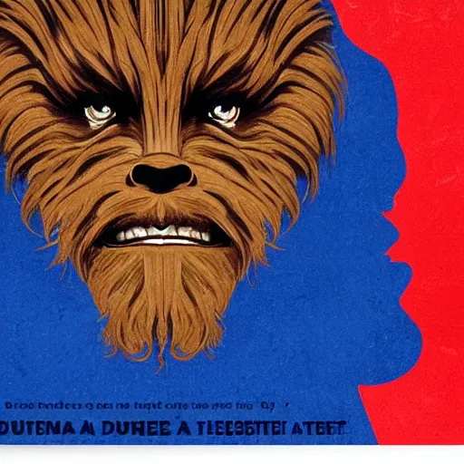 Image similar to chewbacca presidential election poster showing close up of chewbacca face red and blue duotone by sheperd fairey no text