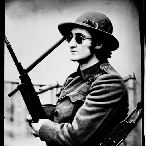 Prompt: old wartime photograph of john lennon holding a lewis gun, 1 9 1 7