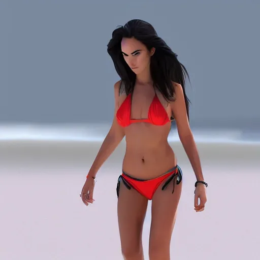 Image similar to full body 3 d render megan fox in bikini run on beach